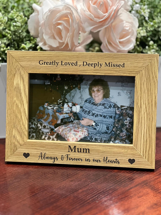 Personalised memorial photo frame. Engraved Mum , Dad, ANY Name or Words   …holds 6x4 photo of your loved one. Oak effect.