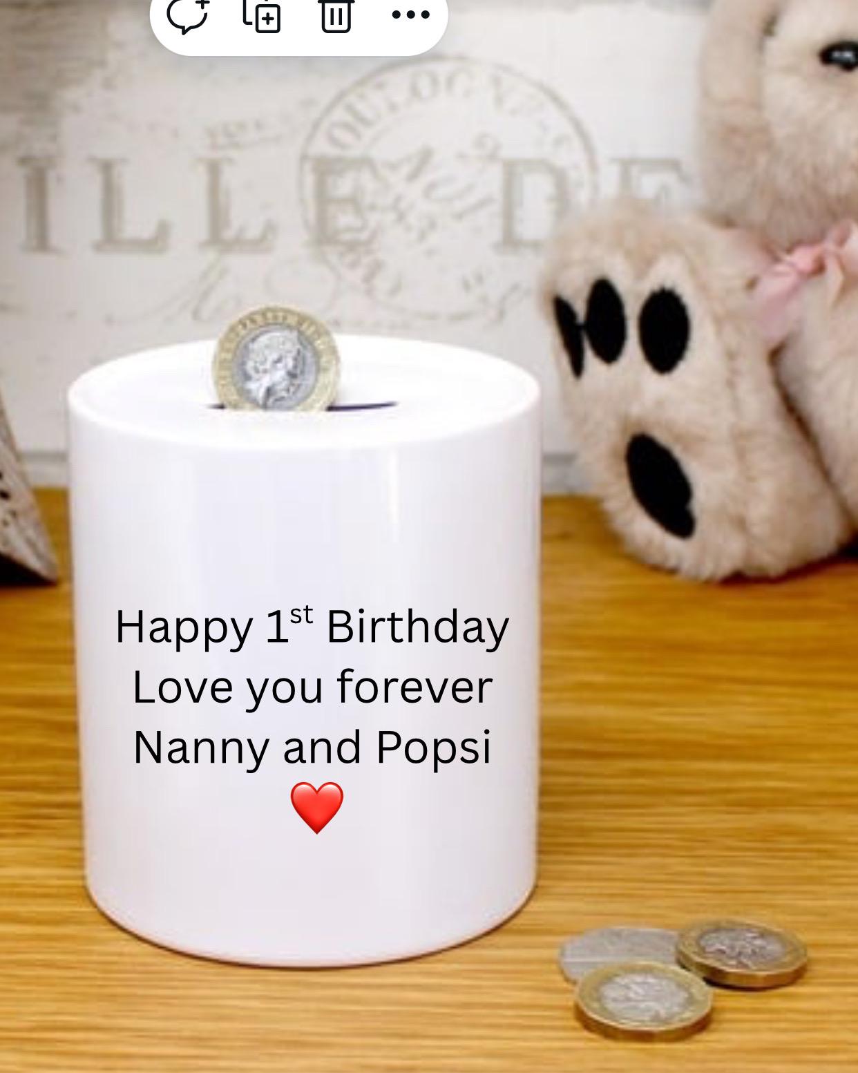 Personalised new baby gift | Baby animals | children’s money box |baby’s 1st Birthday gift | Christening gift | Naming day gift | Any words.