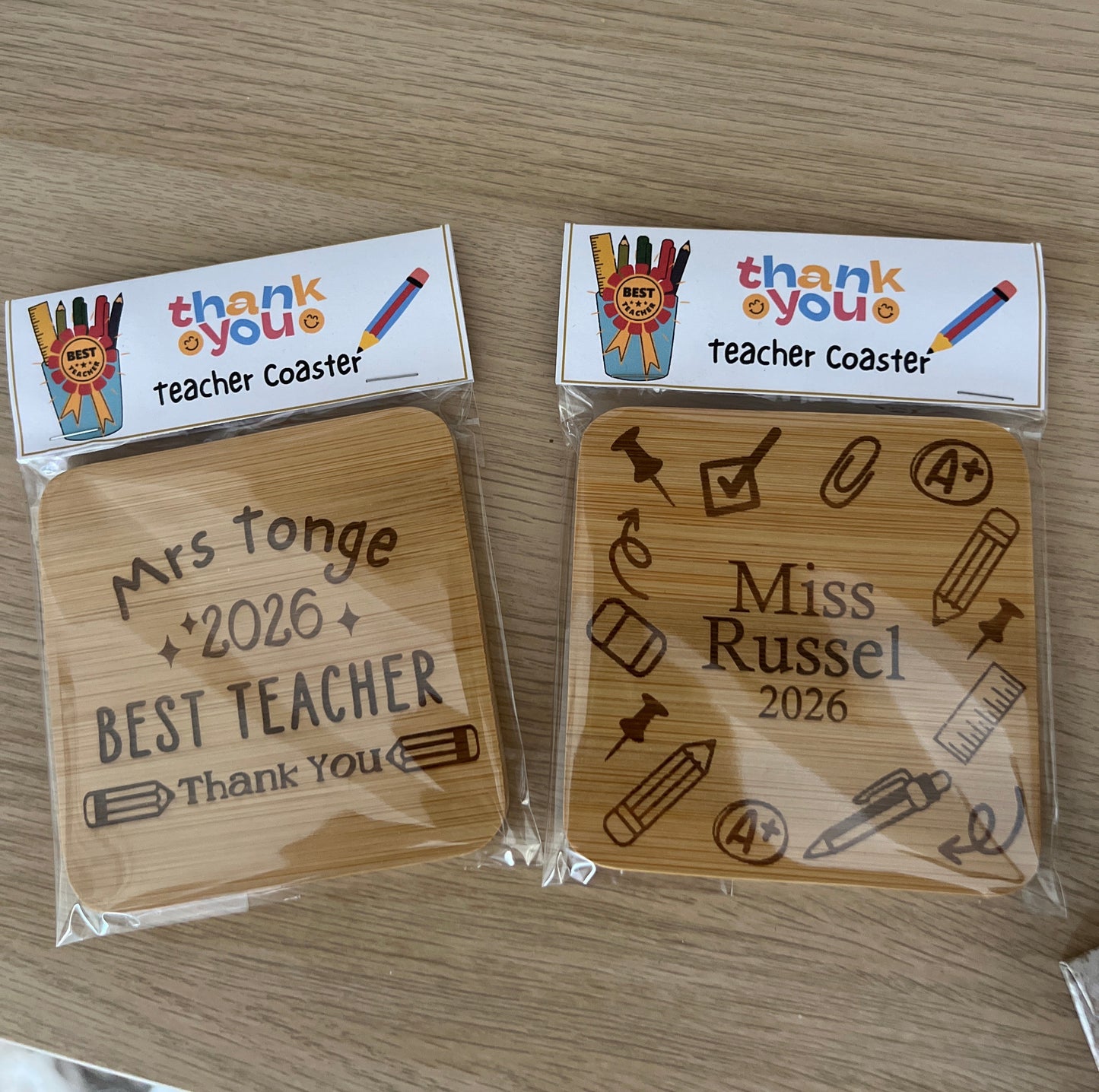 Teacher Thank You Scented Candle and Bamboo Coaster Personalised with Teachers Name.