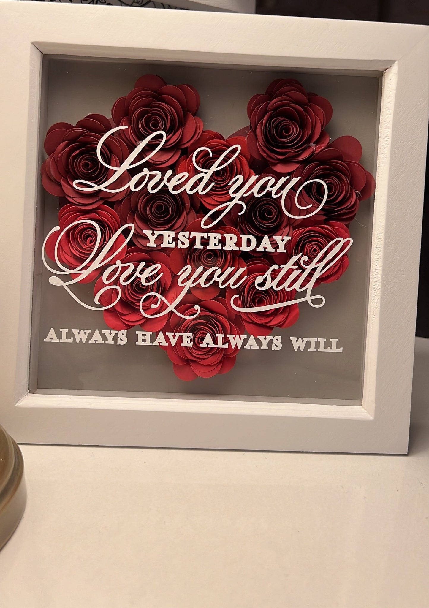 Shadow box heart, 3D rolled paper flowers personalised handmade paper roses, heart with verse, flower box,Valentines, 16.5 cm x 16.5cm frame