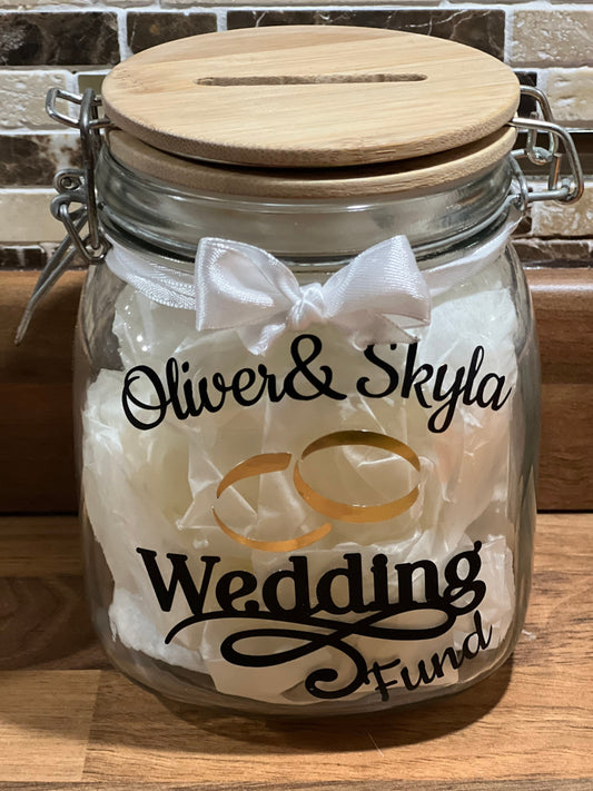 Personalised Wedding fund glass jar Money Box . Savings jar . Piggy bank with money slot.wedding rings