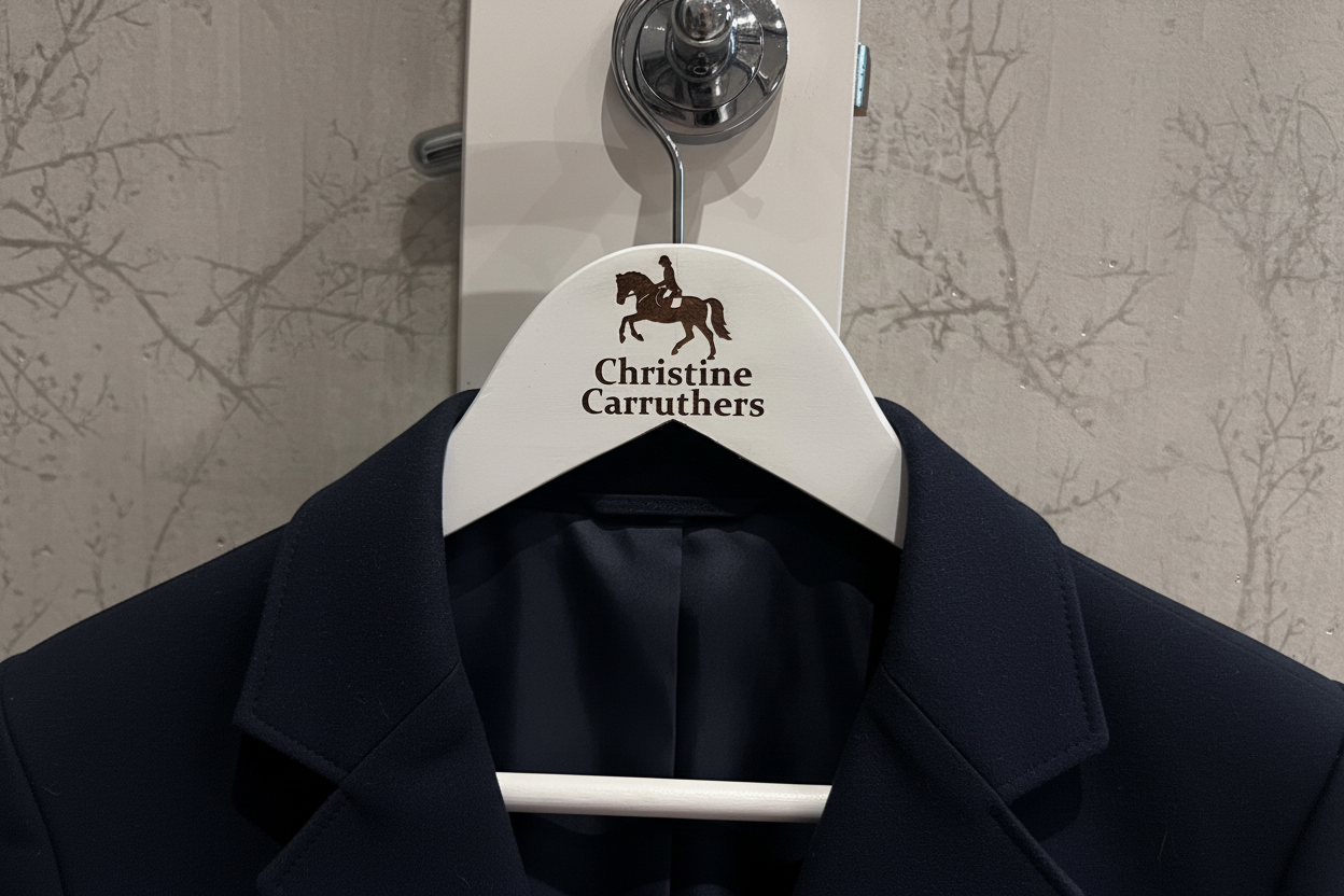 Personalised show engraved horse riding coat hanger-perfect for kit or shows showjumping-eventing-dressage or showing outfits. Equestrian-