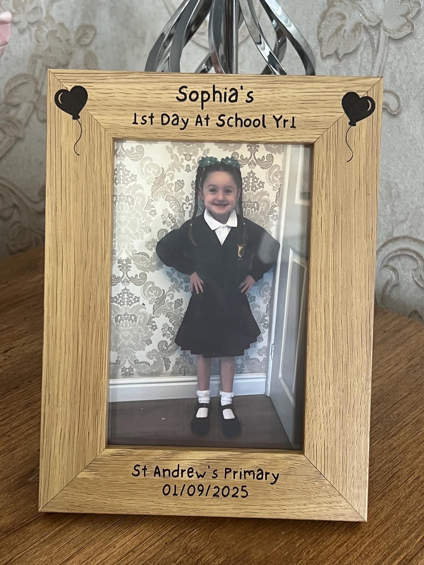 1st day of school photo frame. School photo. Personalised lovely oak effect engraved photo frame holds 6x4 photo. Any words.