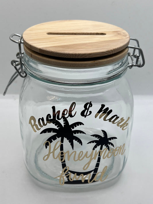 Personalised Honeymoon fund glass jar Money Box . Savings jar . Piggy bank with money slot.