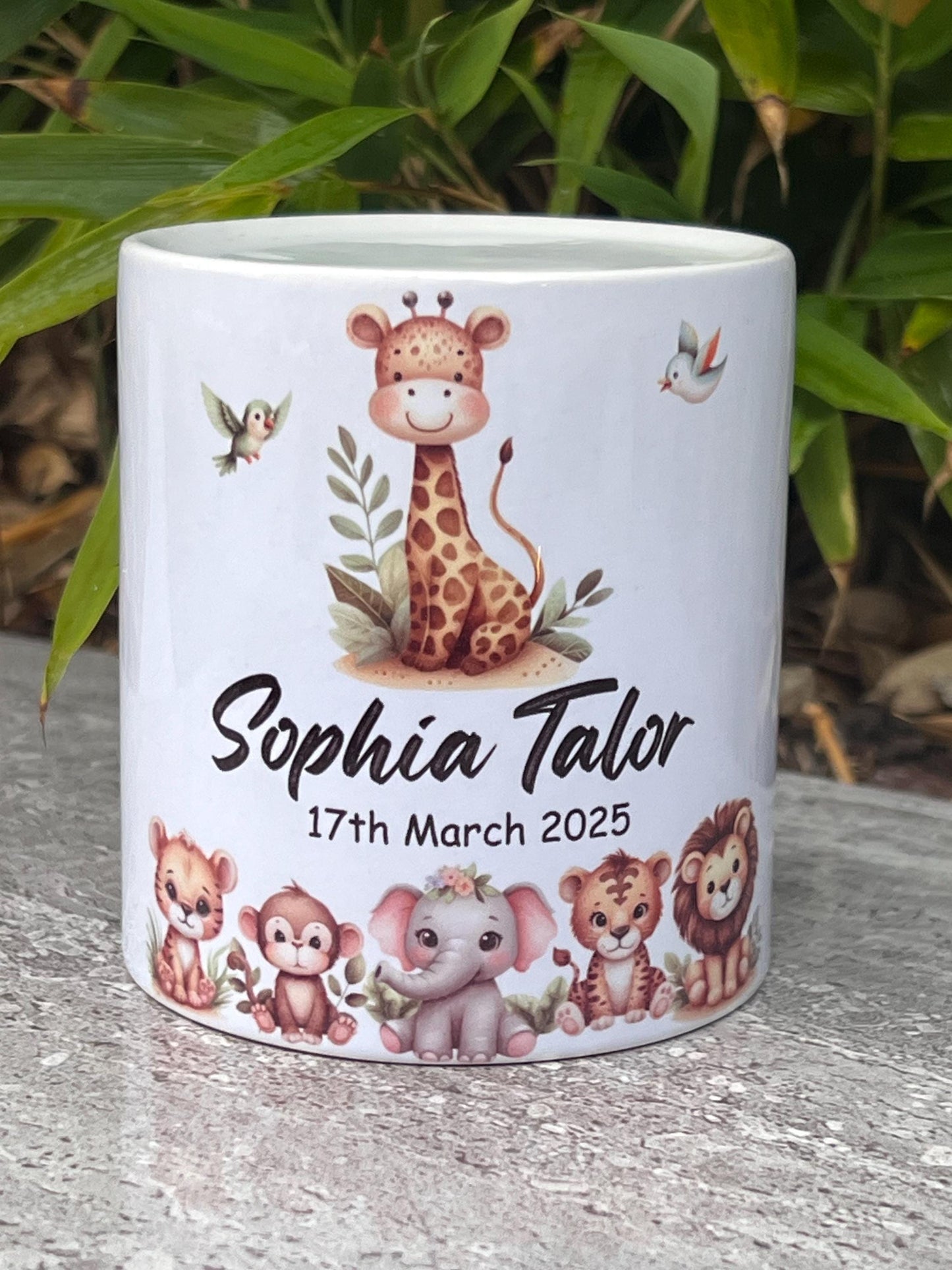 Personalised new baby gift | Baby animals | children’s money box |baby’s 1st Birthday gift | Christening gift | Naming day gift | Any words.