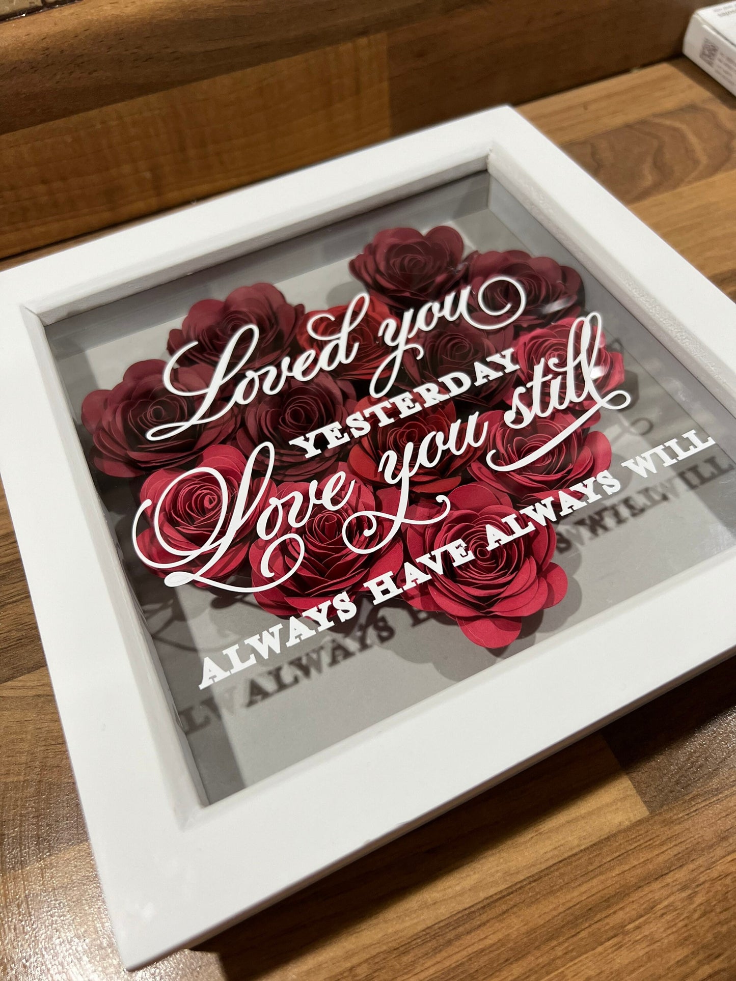 Shadow box heart, 3D rolled paper flowers personalised handmade paper roses, heart with verse, flower box,Valentines, 16.5 cm x 16.5cm frame