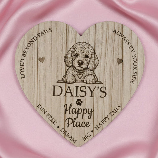Personalised Dog Heart Plaque Sign – Laser Engraved Wooden Wooden Effect MDF Wall Hanging (23.5cm) – Custom Name & Breed Pet Gift or Dog Corner Decor
