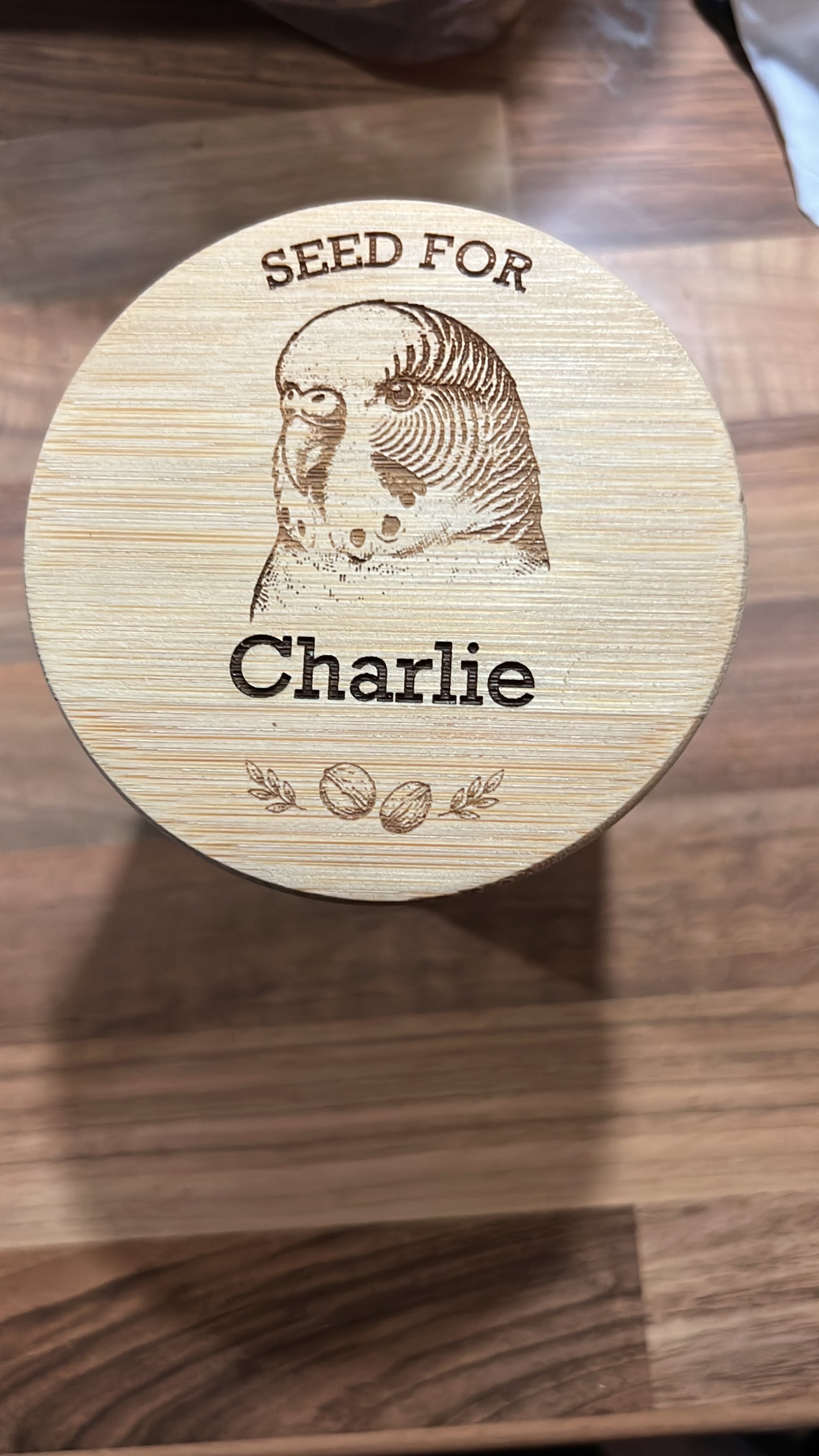 Personalised Engraved Bird Seed Jar — Budgie, Parakeet & Parrot Design