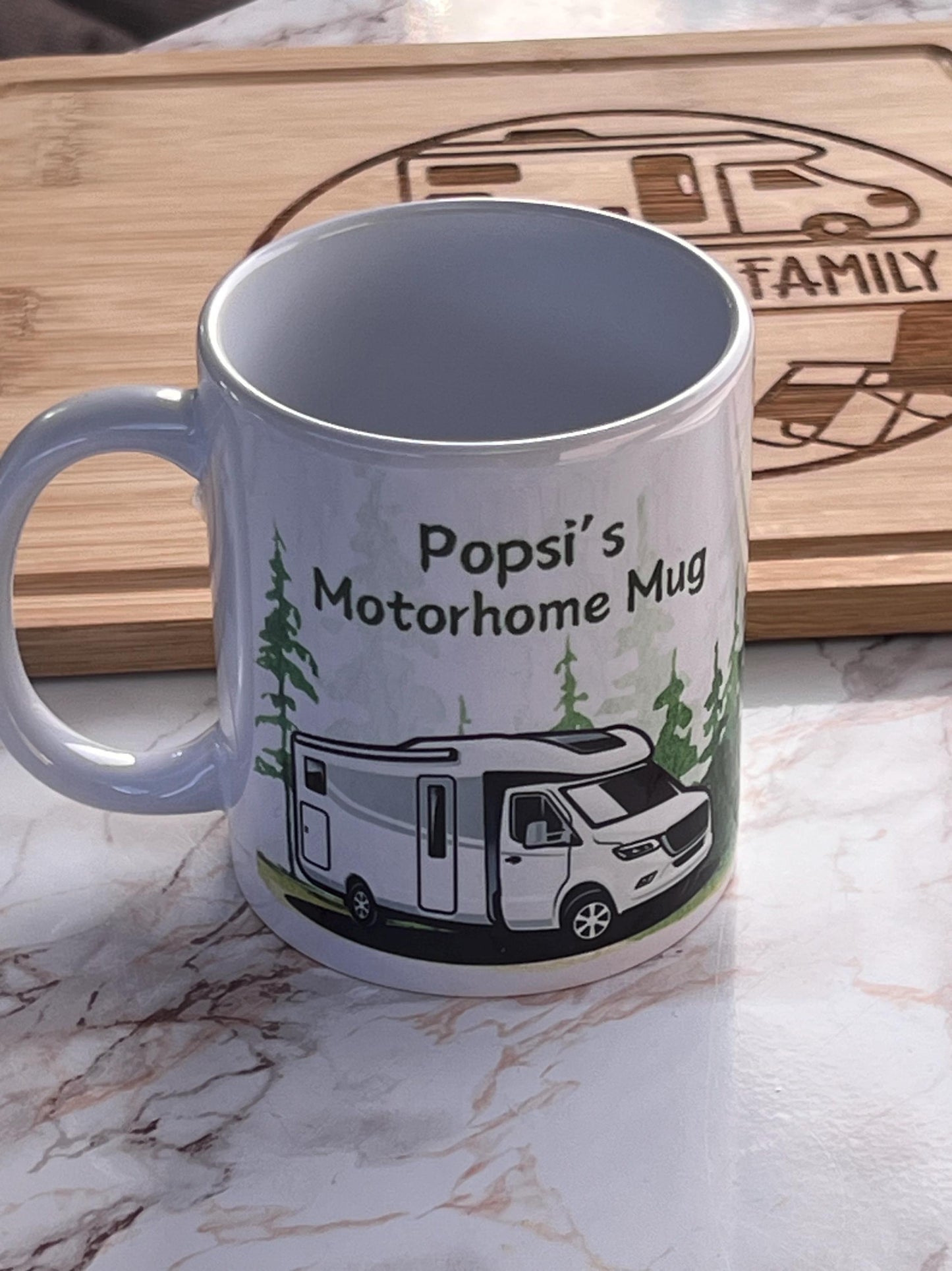 Motorhome personalised mug. Custom made with name. Motorhome set in a watercolour forest background. Motorhome gift.