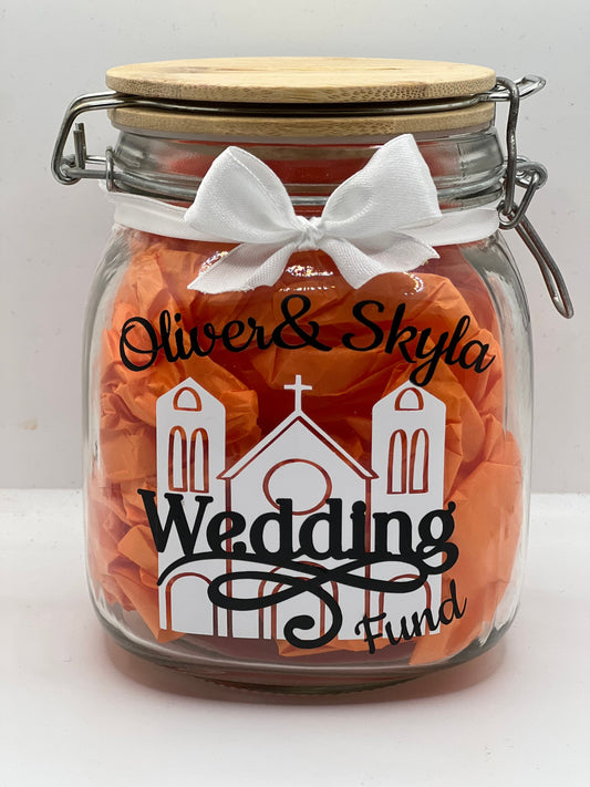 Personalised Wedding fund glass jar Money Box . Savings jar . Piggy bank with money slot.