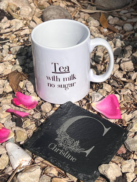 initial mug. Name mug. personalised mug 11oz with initial and name  and your drink order on the back customised. ideal for office work mug.