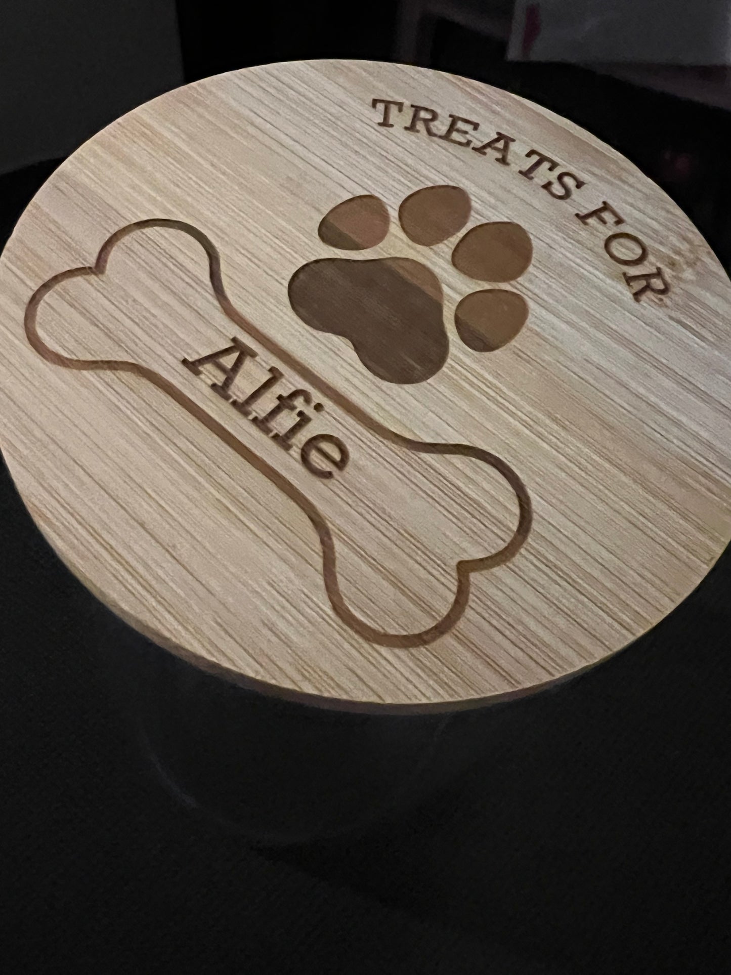 Dog treats jar personalised with name. engraved. pet treats storage jar, can be custom made to any words 1litre. Airtight bamboo lid.