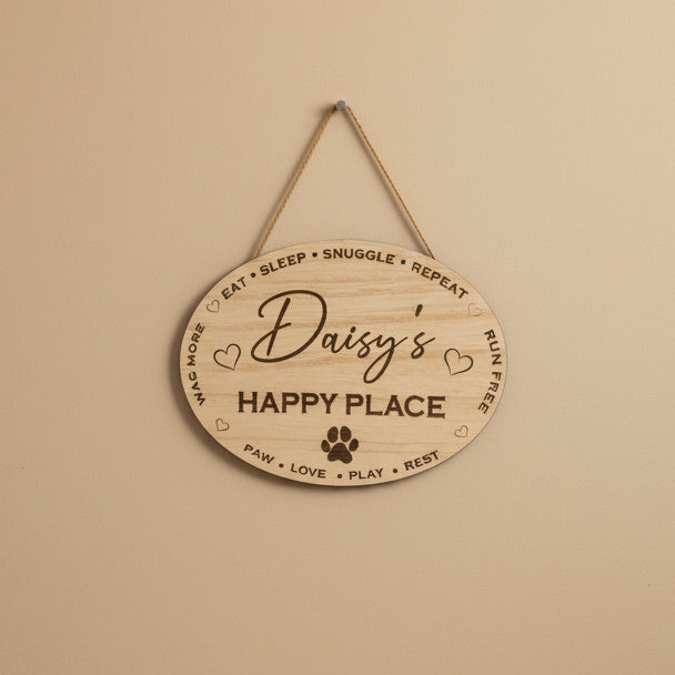 Personalised Dog Sign –Oval Laser Engraved Wooden Wooden Effect MDF Wall Hanging (20cm) – Custom Name & Breed Pet Gift or Dog Corner Decor