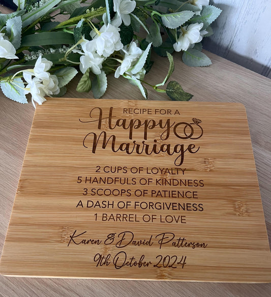 Engraved chopping board for a couple, happy marriage recipe. Custom with names and date. Anniversary-keepsake-gift-wedding gift
