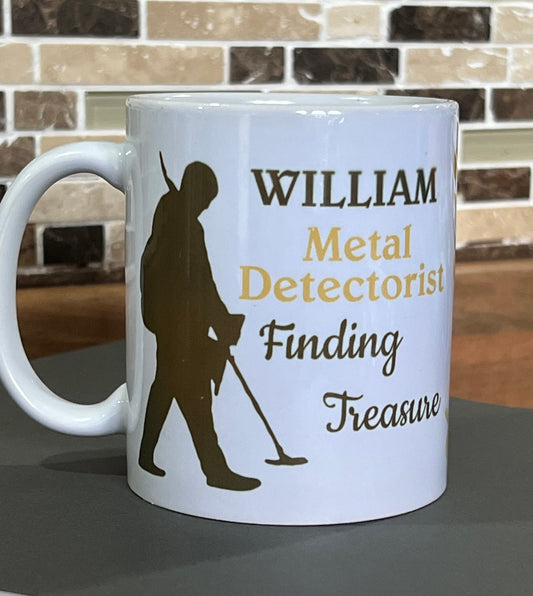 Personalised Metal Detecting cup, mug. 11oz  our silhouette Metal detector, your Name. I can Dig it. Birthday gift.