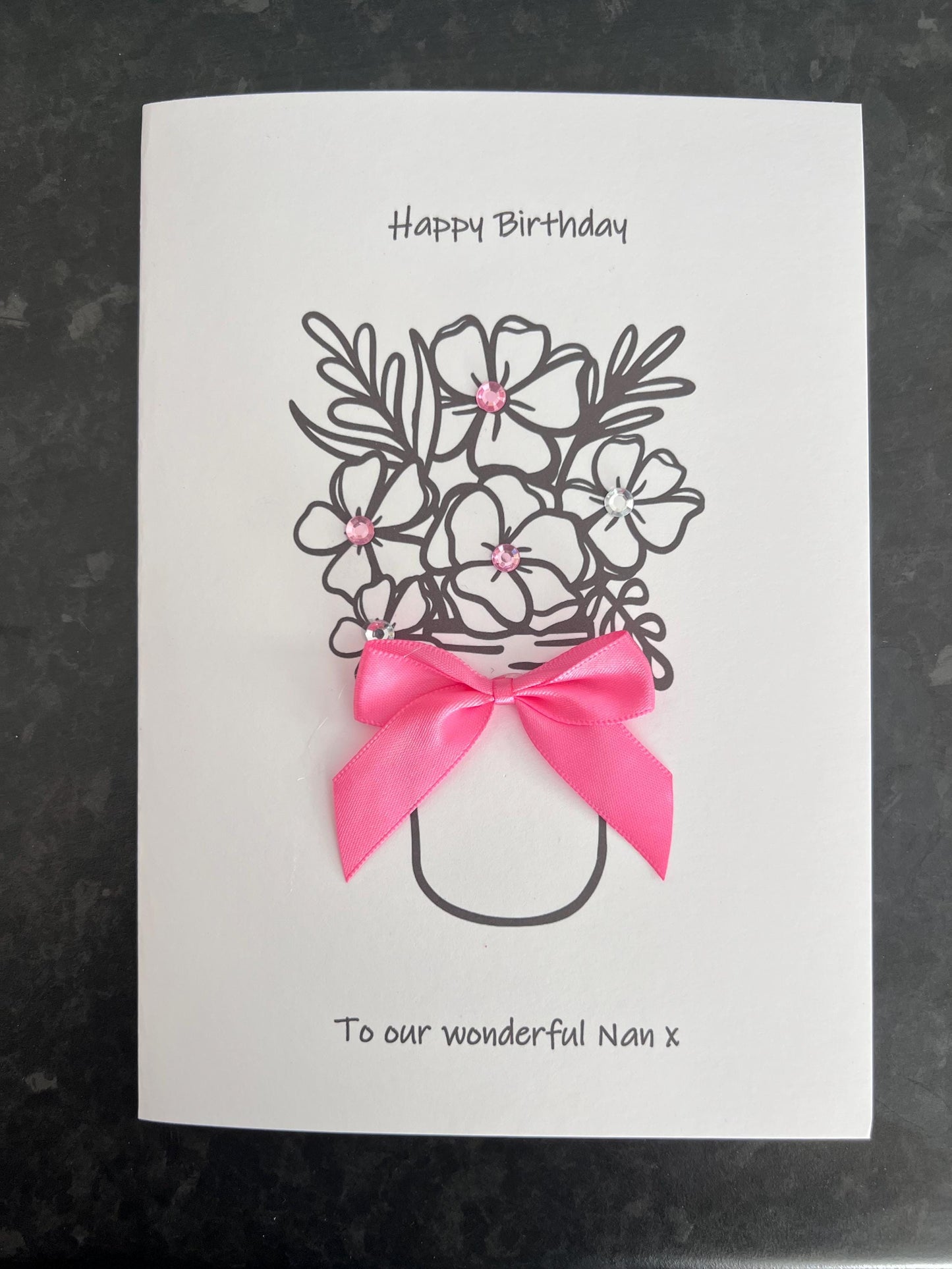 Happy Birthday card. Personalised card. Mum’s ,Nan-Mummy-Mimi-grandmother card. a5 Flowers and bow with inset. Custom  wording card  Quality