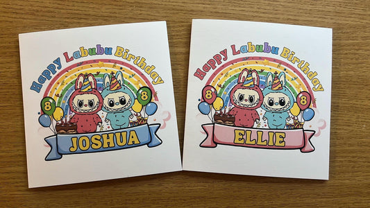 Labubu Birthday card personalised. 6x6 quality card . Perfect card for Labubu fan. can be custom made any words Pink or blue option