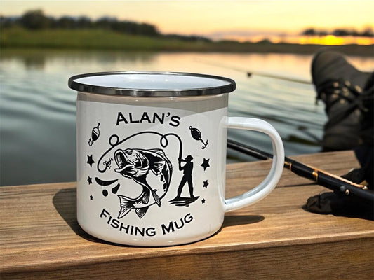 Fishing mug. Personalised fishing mug with name. image on both side 12oz enamel mug. camping mug. Angeler mug. Carp fishing. custom gift.