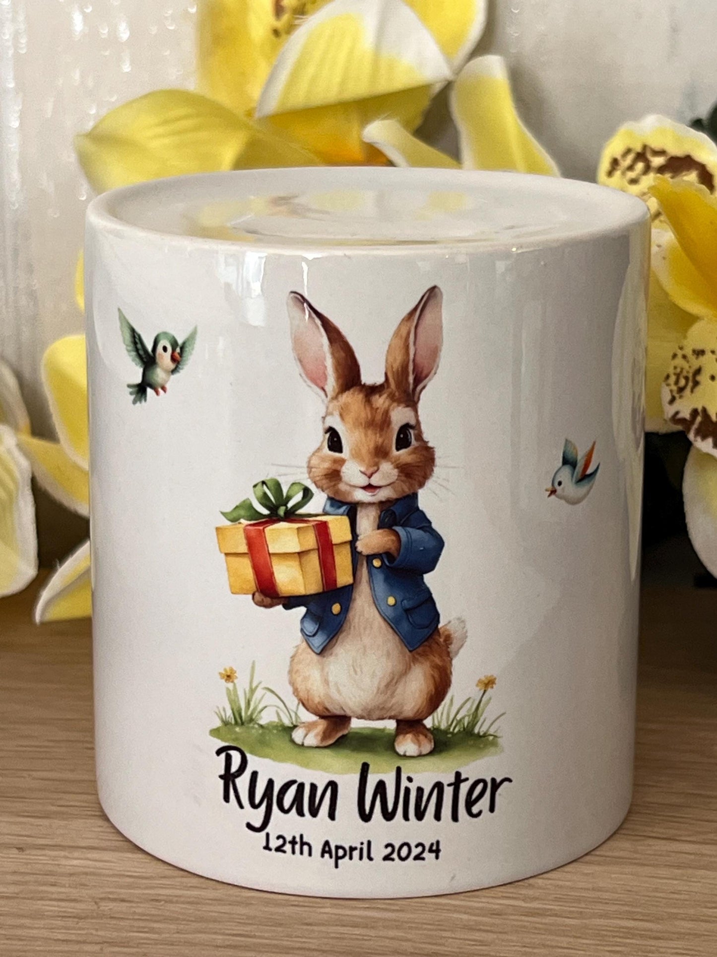Personalised christening gift | Peter rabbit | children’s money box |baby’s 1st Birthday gift | Naming gift | New born gift. Cute Any words.