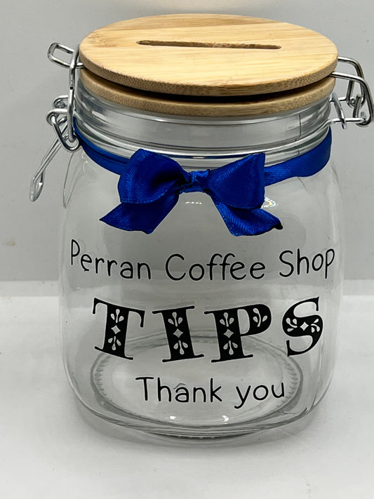 Personalised Tips jar Money Box . Savings jar . Business tips jar , hairdressers, cafes etc. 2 sizes ….Money jar, coins and notes.
