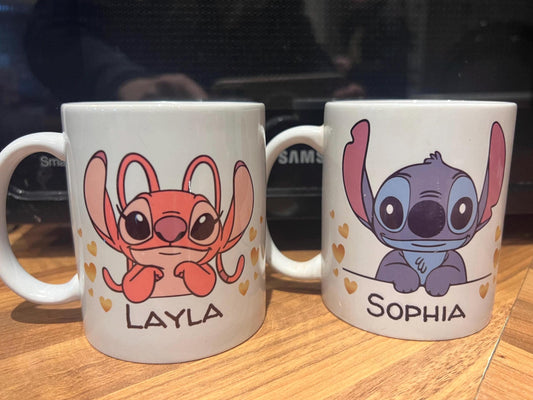 Personalised Stitch  cup, mug. 11oz, with any name.  Birthday or Easter gift. Choice of front pattern or both. Stitch mug.