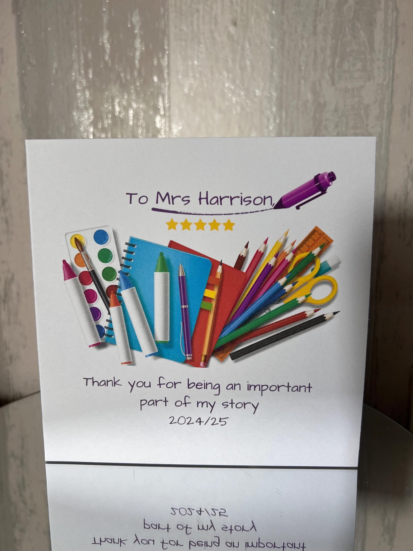 Teacher thank you card. Teacher end of year card. personalised with teachers name. 6x6 inch quality card and white envelope