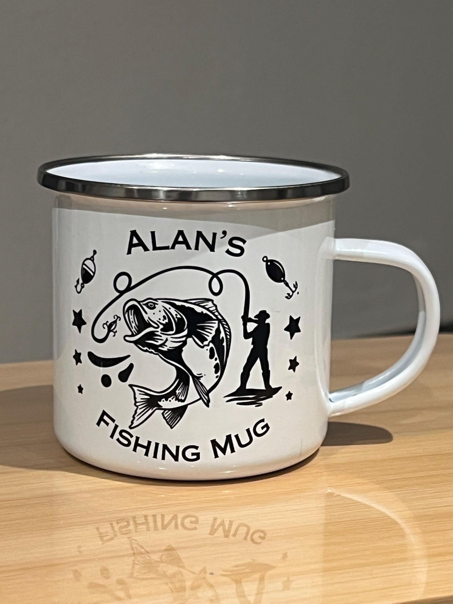 Fishing mug. Personalised fishing mug with name. image on both side 12oz enamel mug. camping mug. Angeler mug. Carp fishing. custom gift.