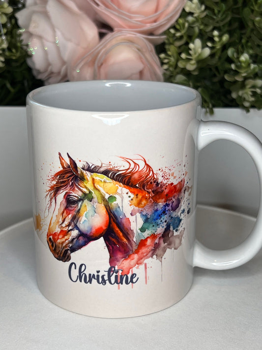 Personalised horse cup, mug. 11oz, water colour art horse with any name great gift. Equestrian, horse rider gift. love horses art mug