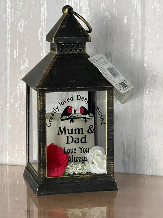 Personalised Memorial Lantern choice of flower colour, Mum, Dad, Nan, Grandad Wife , husband etc.  Graveside ,Home. Auto candle  two robins