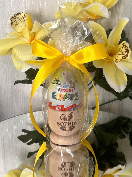 Personalised Easter gift with name. Solid beech egg cup engraved with name. Kids Easter gift. Kinder egg or crème egg option  Easter bunny.
