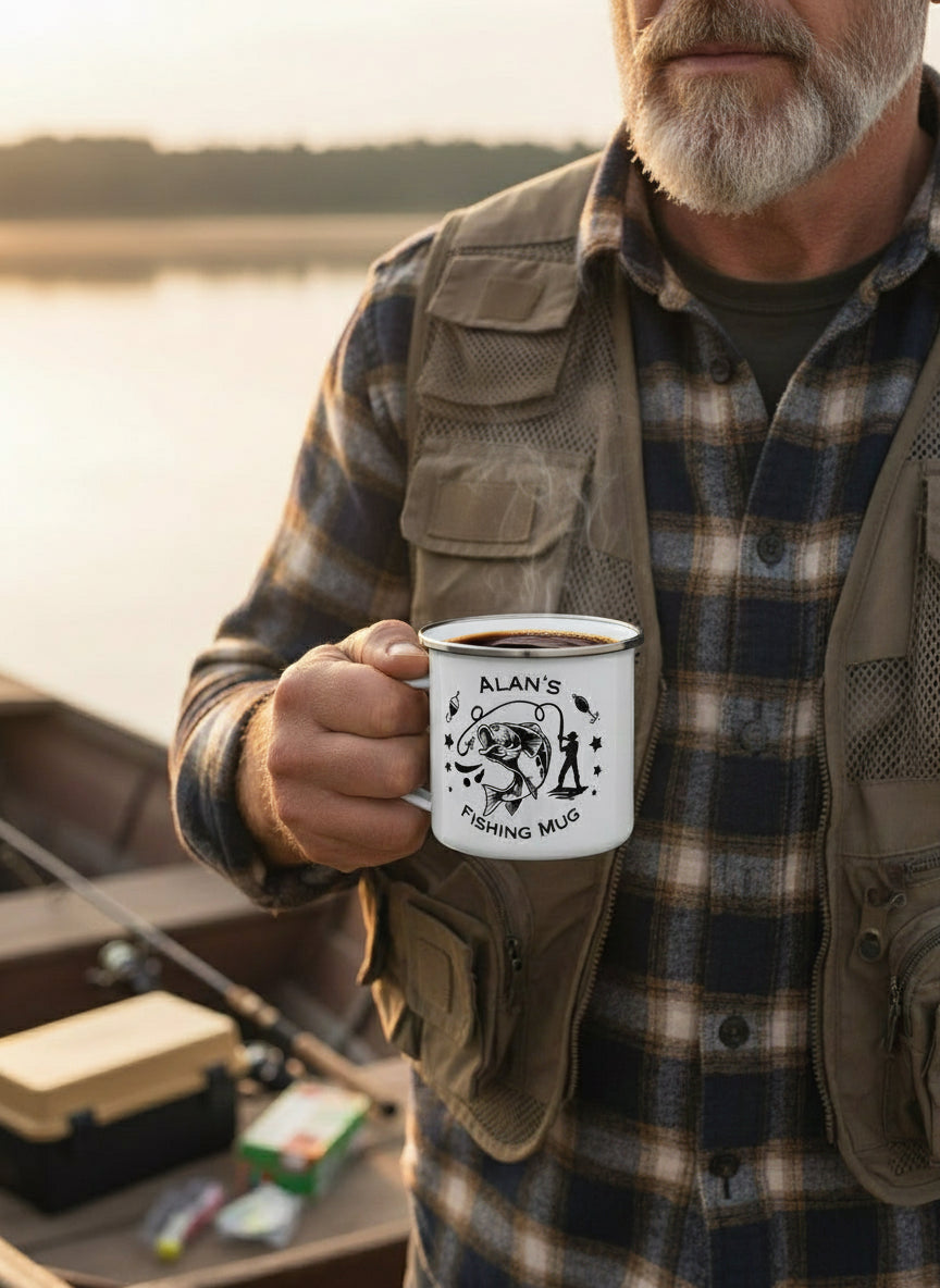 Personalised Fishing Mug - Enamel Angler Gift 12oz
