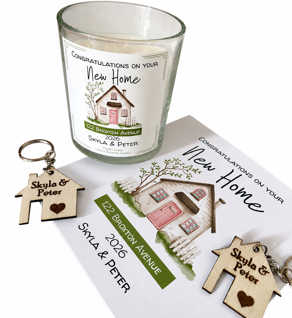 Personalised New Home Card & Candle | Moving House Card with Optional Engraved Keyring