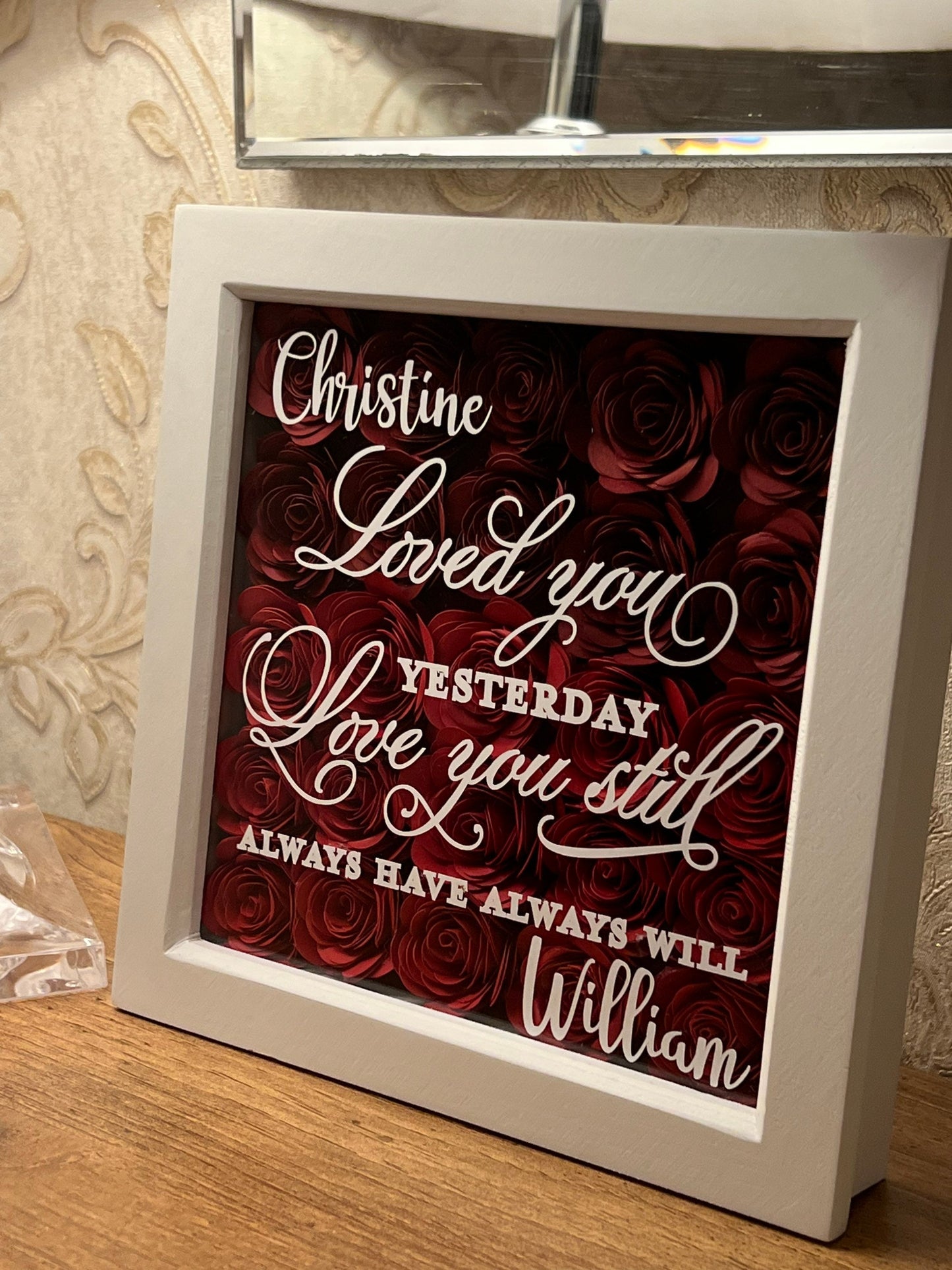 Shadow box heart, 3D rolled paper flowers personalised handmade paper roses, heart with verse, flower box,Valentines, 16.5 cm x 16.5cm frame