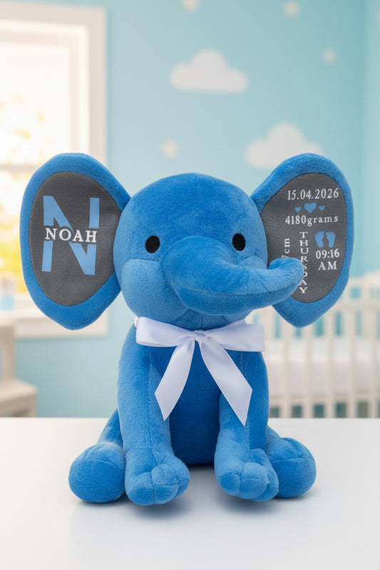 Personalised Plush Blue Elephant | Baby Stats Keepsake | New Baby & Shower Gift. Baby Boy
