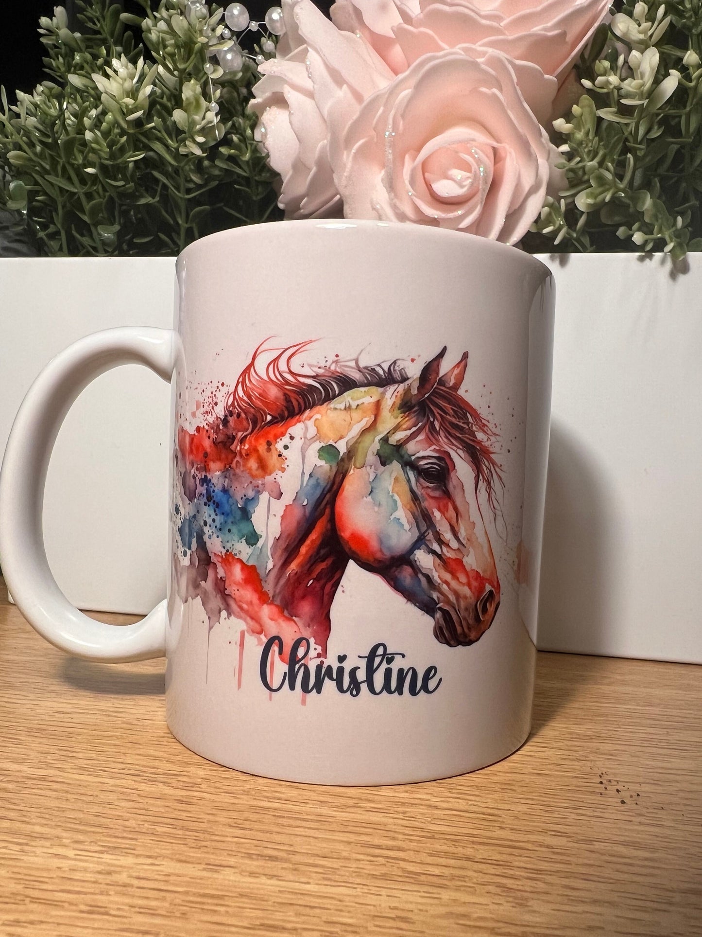 Personalised horse cup, mug. 11oz, water colour art horse with any name great gift. Equestrian, horse rider gift. love horses art mug