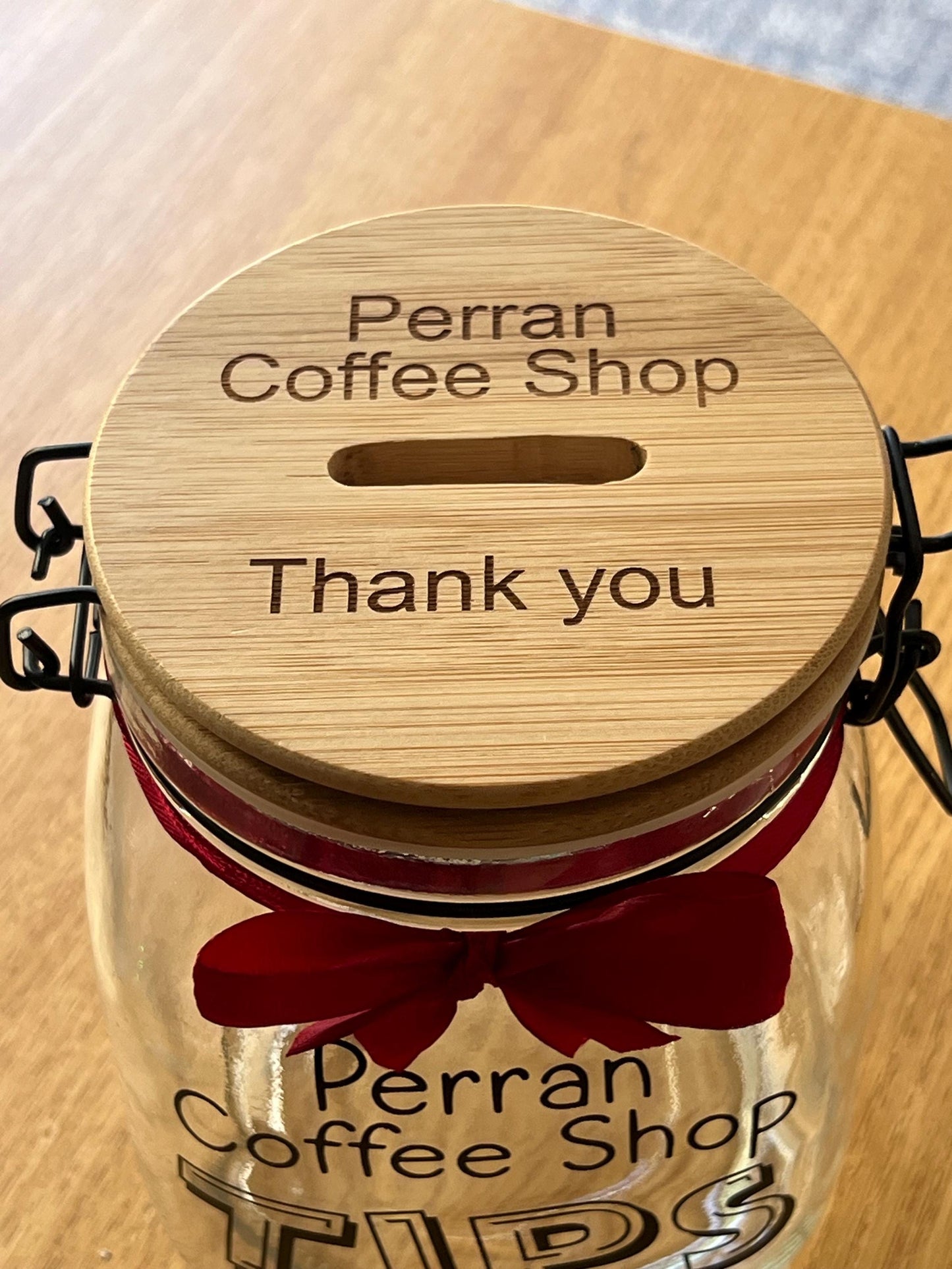 Personalised Tips glass jar with NEW Engraved Wooden Lid. Money Box  Savings jar . Business tips jar , hairdressers, cafes, etc. Money jar,