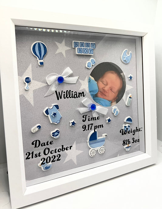 Personalised baby Boys birth memory box frame with photo. Christening gift,New baby gift. Nursery, Baby gift, baby birth details,Announcment