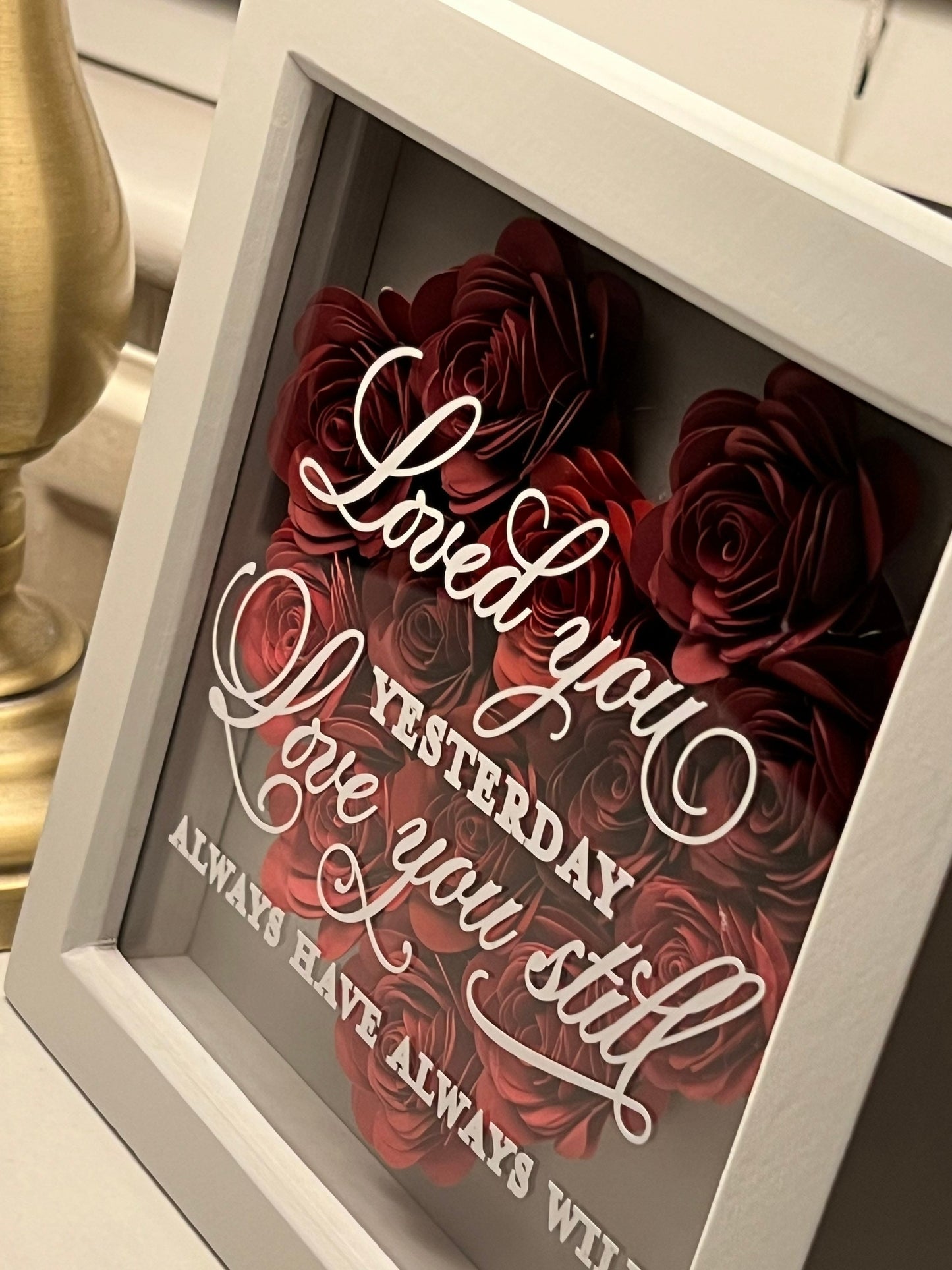 Shadow box heart, 3D rolled paper flowers personalised handmade paper roses, heart with verse, flower box,Valentines, 16.5 cm x 16.5cm frame