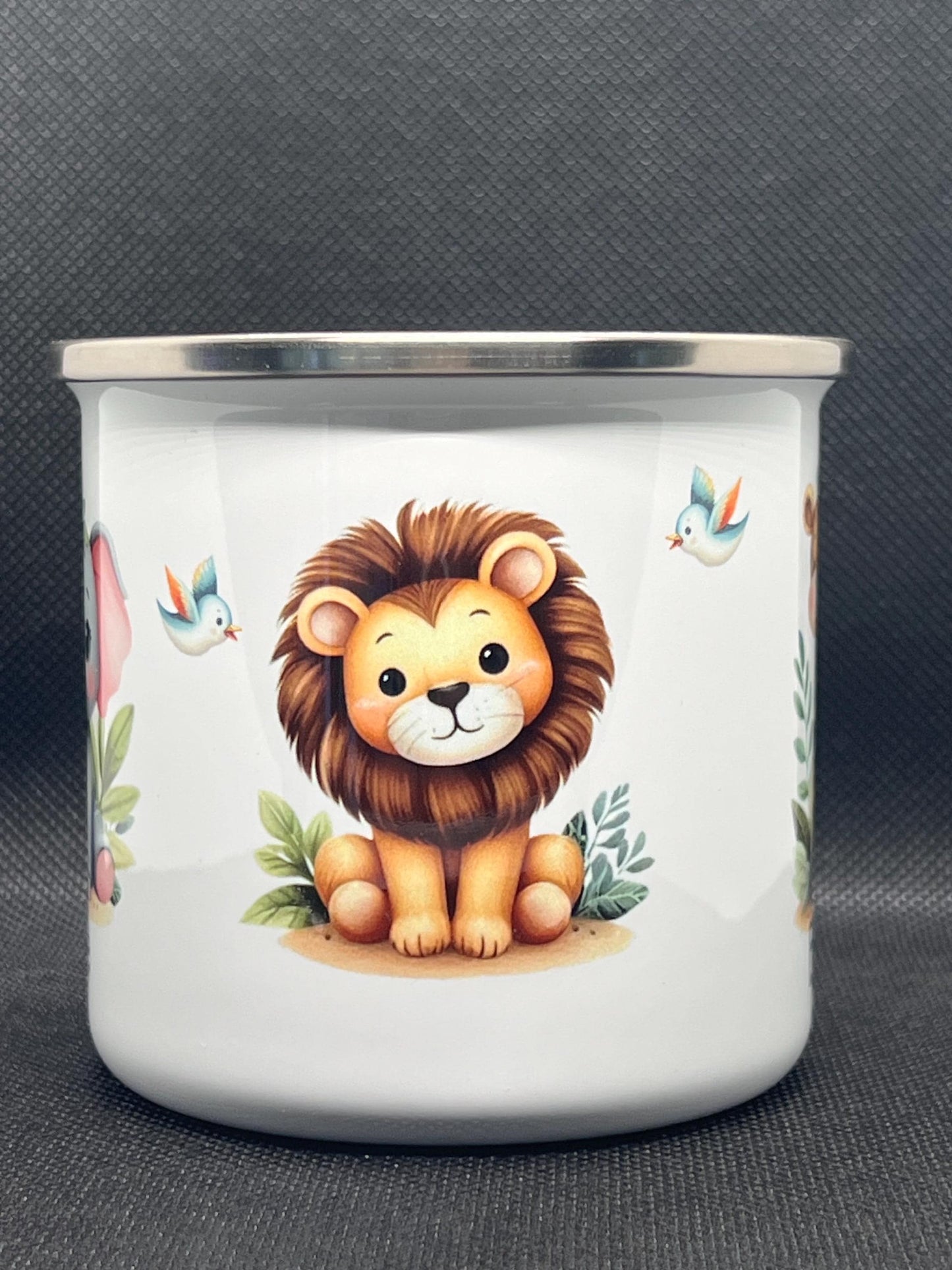 Childs cup. Personalised  enamel cup. Unbreakable kids cup. baby animals with child’s name on both sides. Child’s gift. Camping mug Kids cup