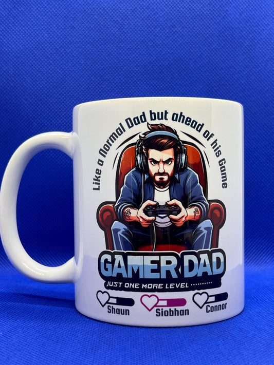 Personalised Gaming Dad mug. 11oz  with child/ children’s names as lives. Father’s Day gift or Birthday gift, both sides with card option