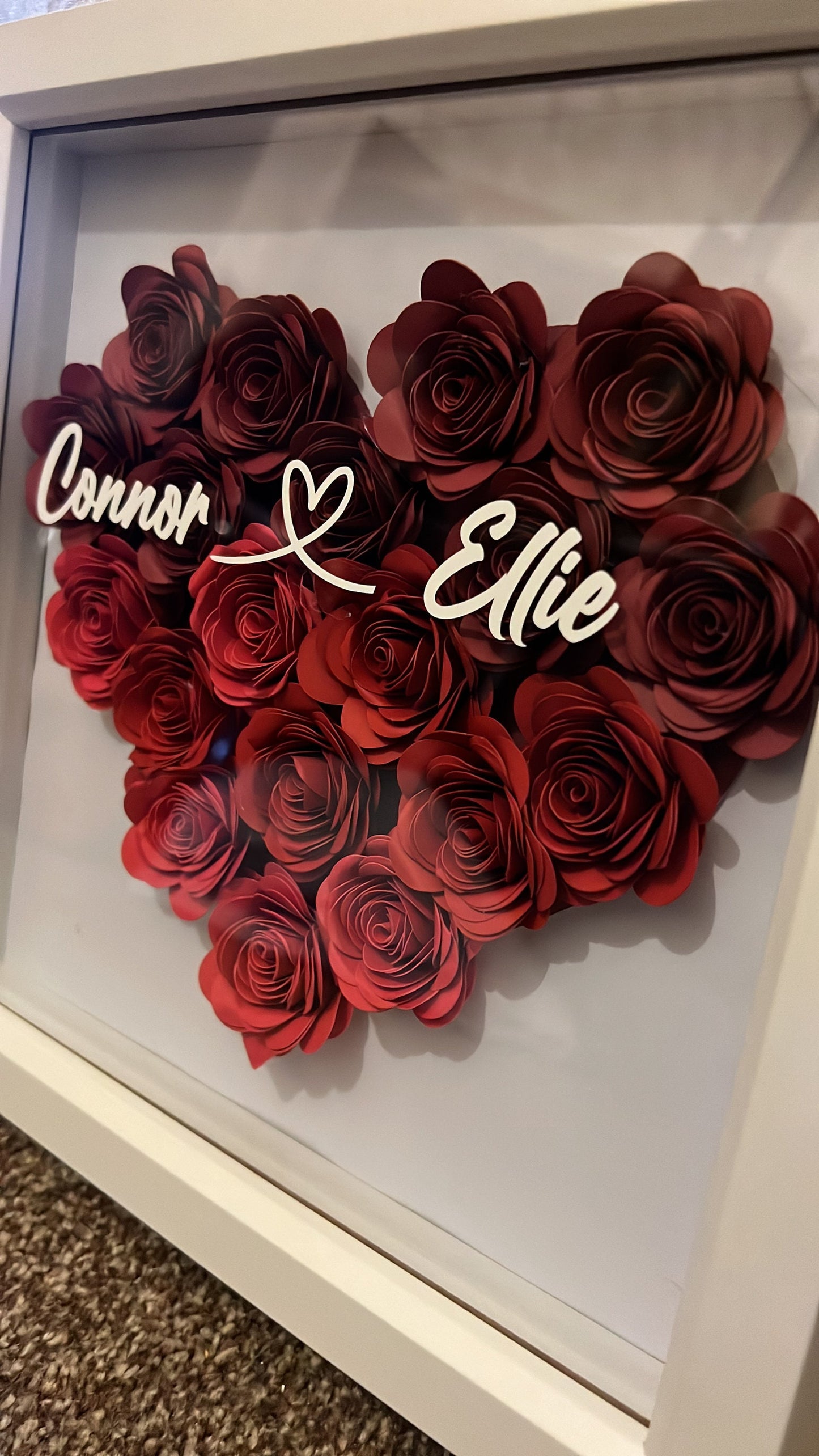 Shadow box heart, 3D rolled paper flowers personalised handmade roses, heart, Flower box Valentines, love, Anniversary,