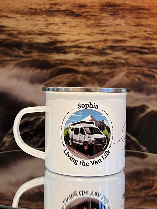 Van life Personalised enamel mug with name. The adventure begins. Compass. Great mug for camper van. Metal mug. Camping Mug