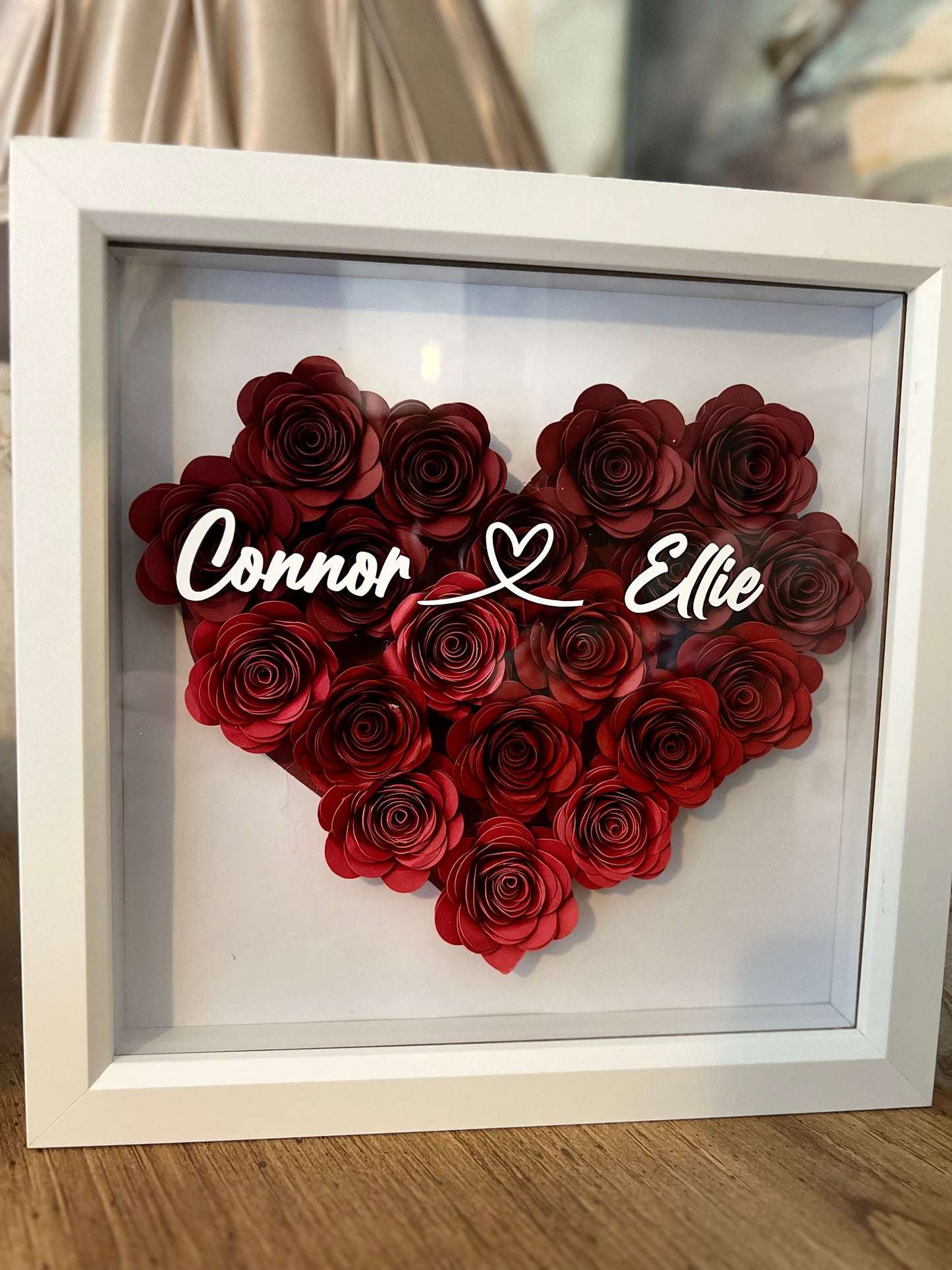 Shadow box heart, 3D rolled paper flowers personalised handmade roses, heart, Flower box Valentines, love, Anniversary,