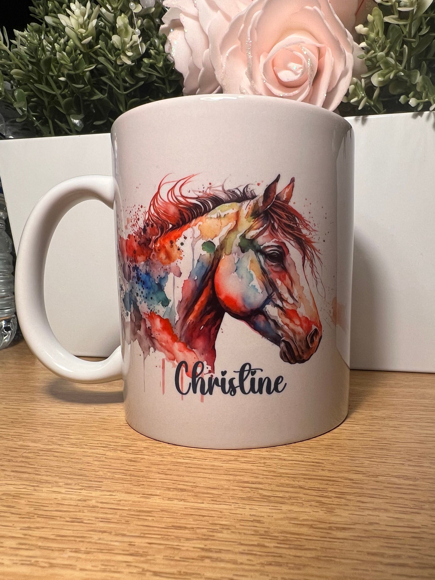 Personalised horse cup, mug. 11oz, water colour art horse with any name great gift. Equestrian, horse rider gift. love horses art mug