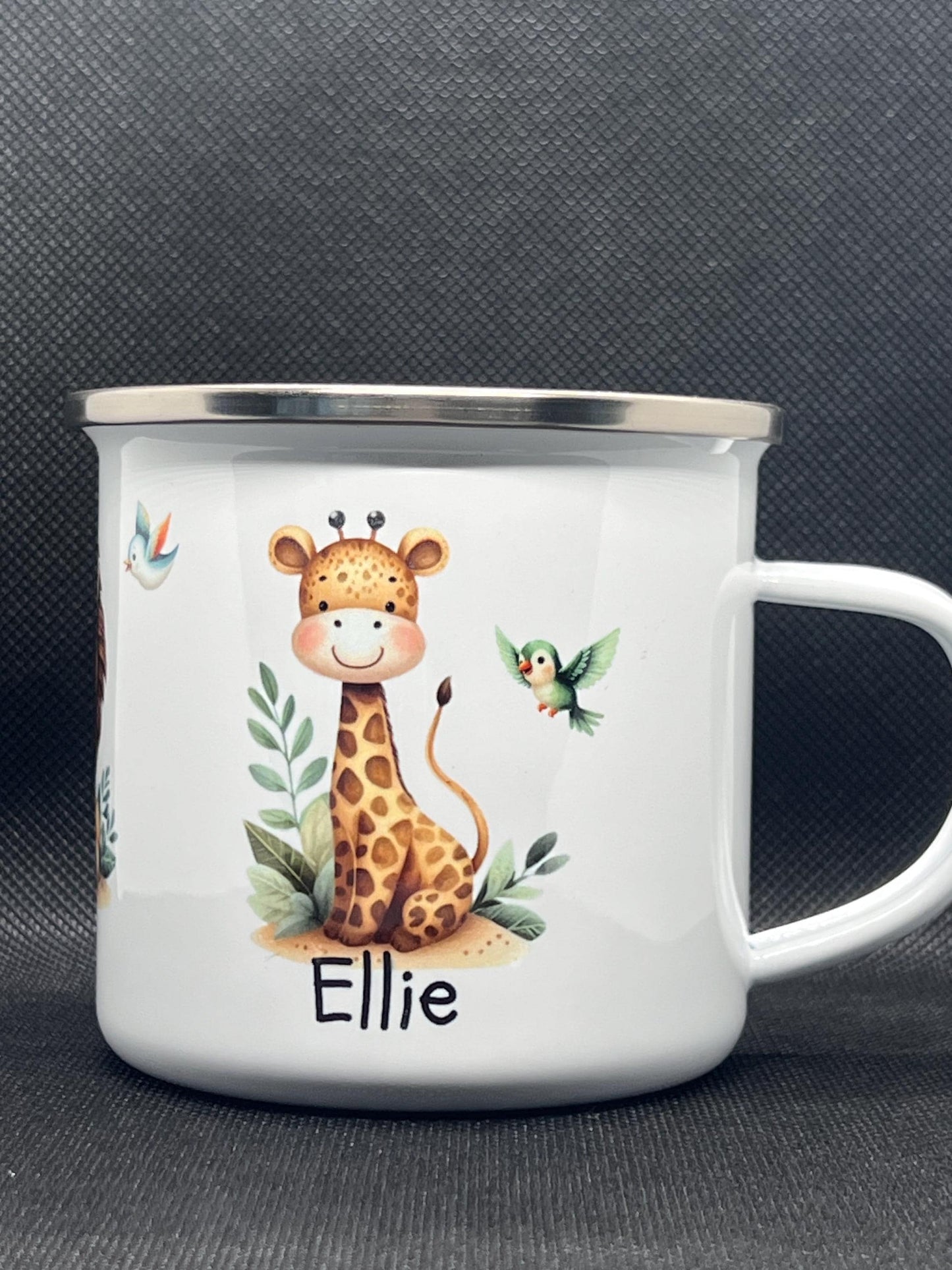 Childs cup. Personalised  enamel cup. Unbreakable kids cup. baby animals with child’s name on both sides. Child’s gift. Camping mug Kids cup