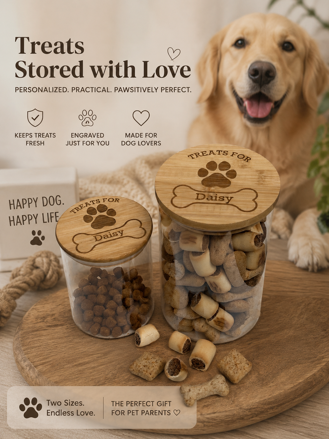Personalised Dog Treats Jar | Engraved Bamboo Lid | 2 Sizes