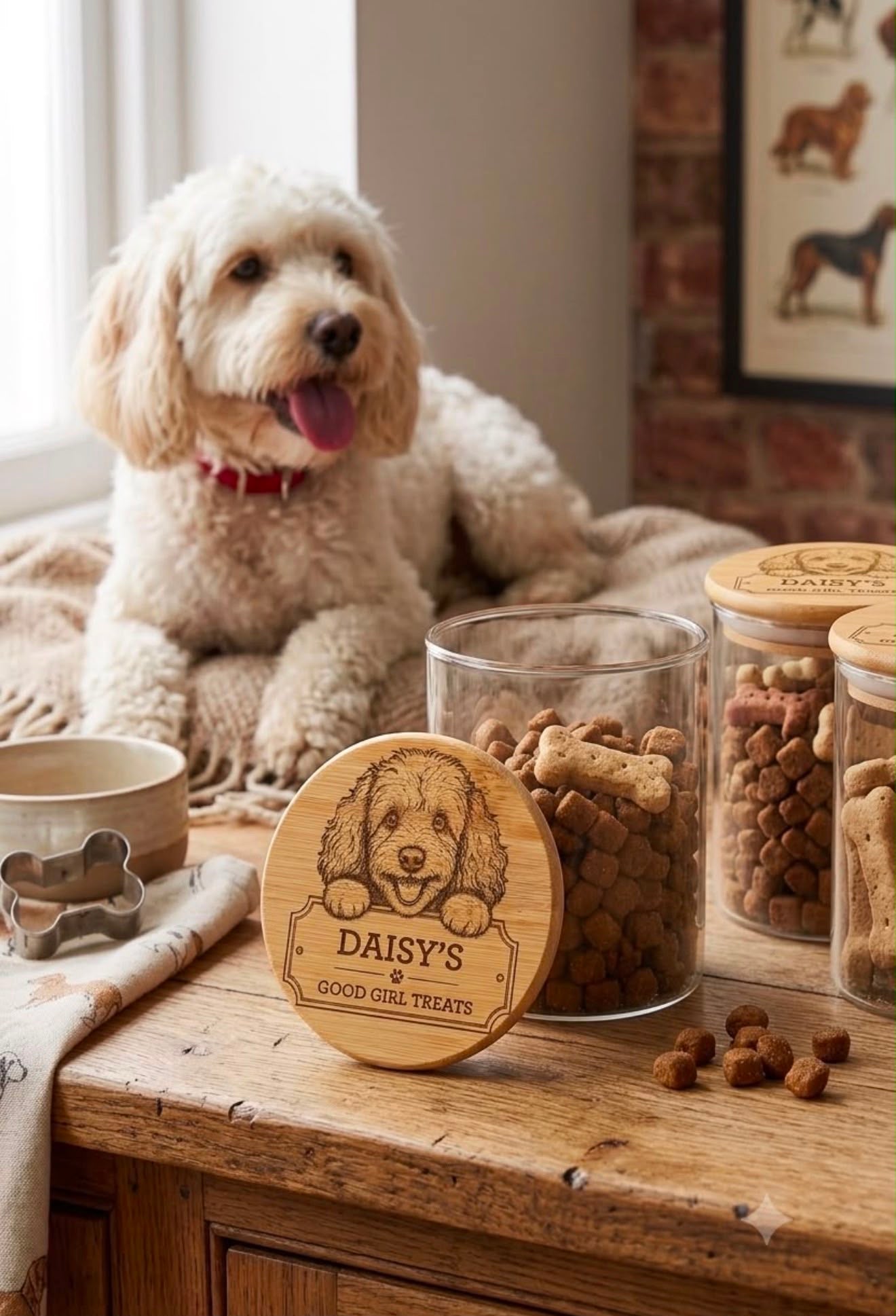 Personalised Engraved Dog Treats Jar with Bamboo lid - Cockapoo. Laser Engraved Puppy Gift, Airtight Treats Container.