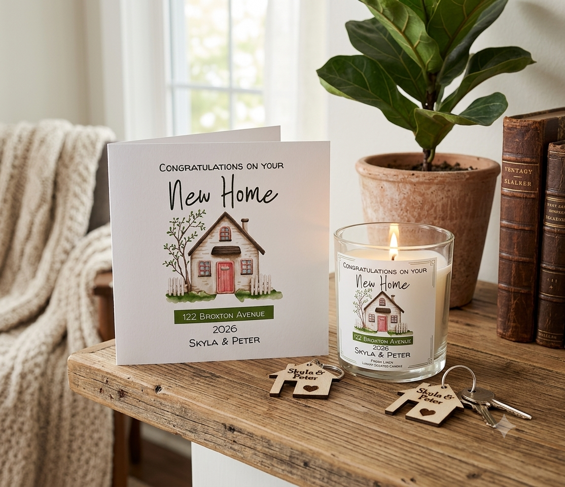 Personalised New Home Card & Candle | Moving House Card with Optional Engraved Keyring