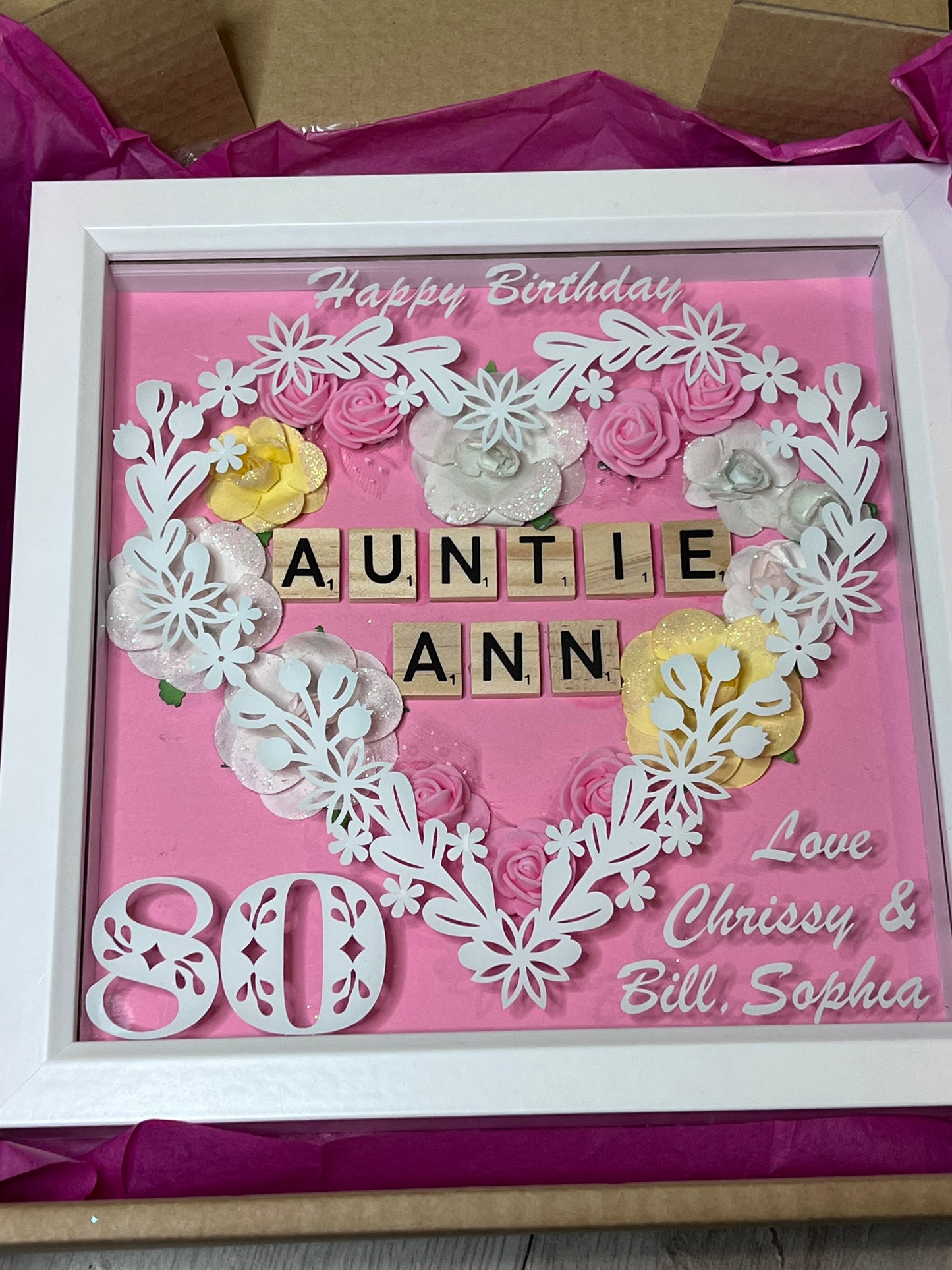 Personalised Birthday floral box frame. Handmade with own words. Birthday keepsake, Mum, Aunt, Sister, friend Birthday gift.