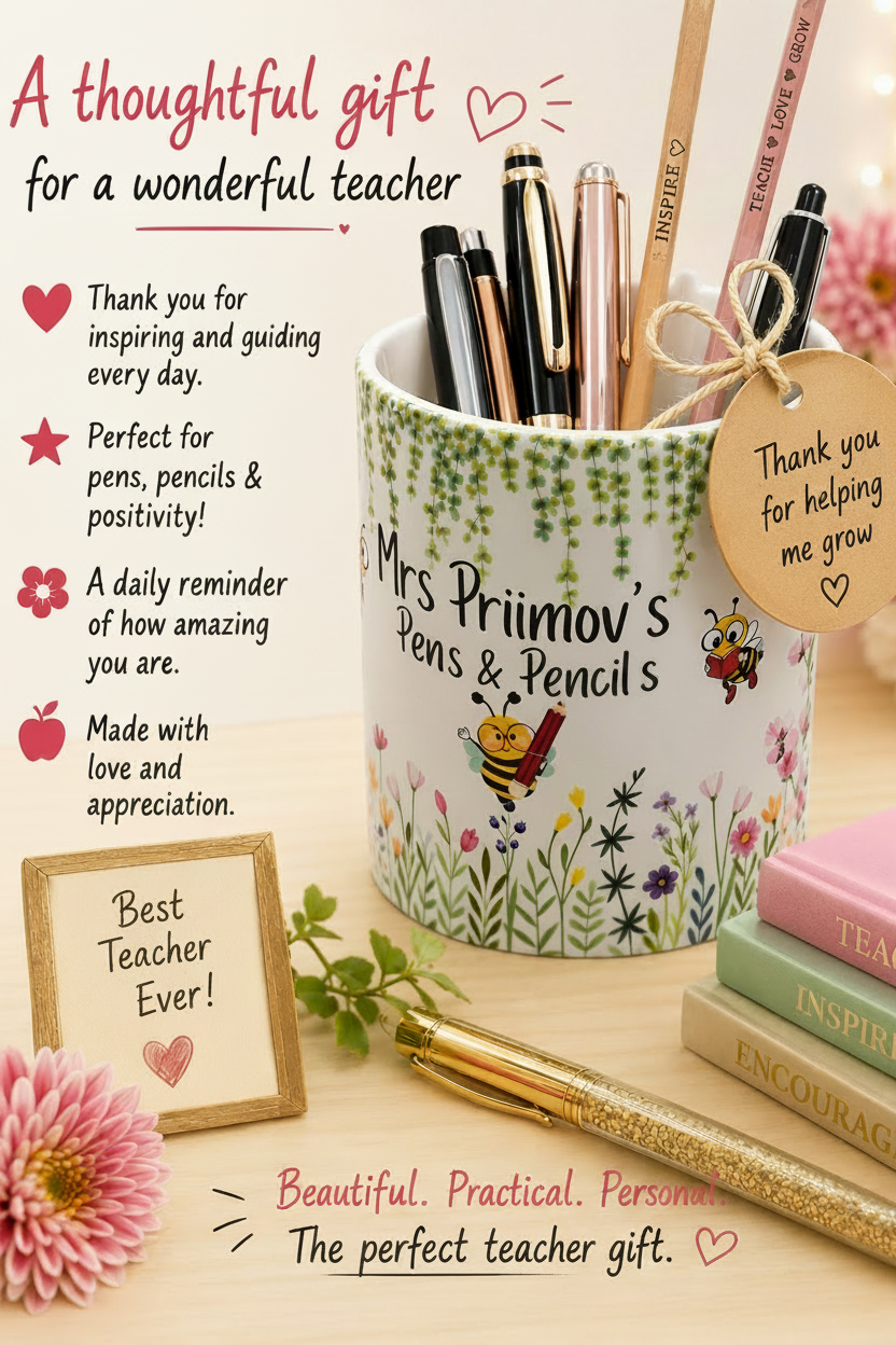Personalised Pen Pot - Flower Garden & Bees Design | Desk Organiser with Matching Card